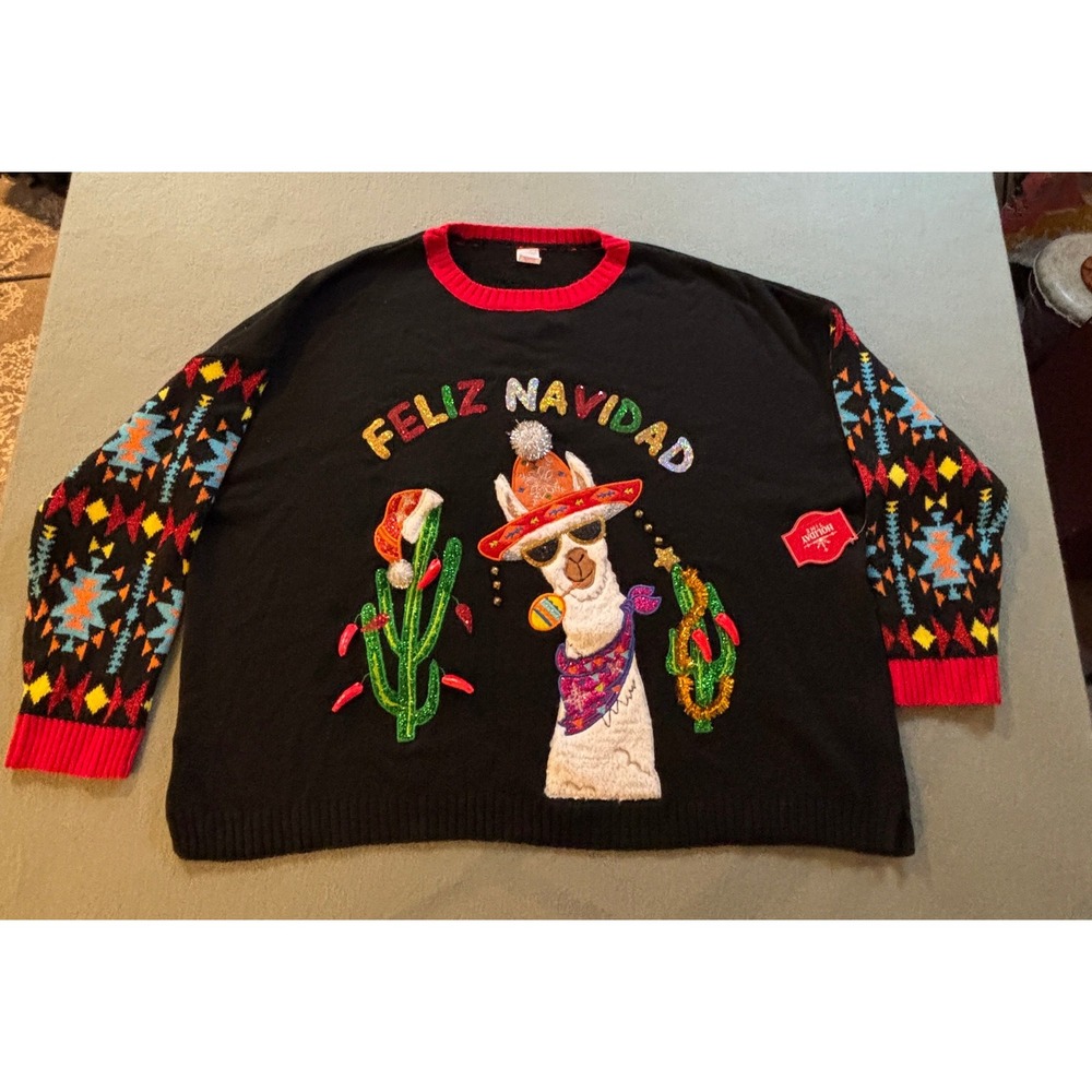 Holiday Time Feliz Navidad Llama Ugly Christmas Sweater Womens 3X Black NWT
